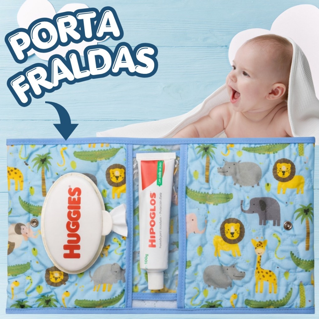 Necessaire Porta Fraldas Lenço Umedecido Bebê Estampa Selva Azul Premium Bolsa Menino Portátil