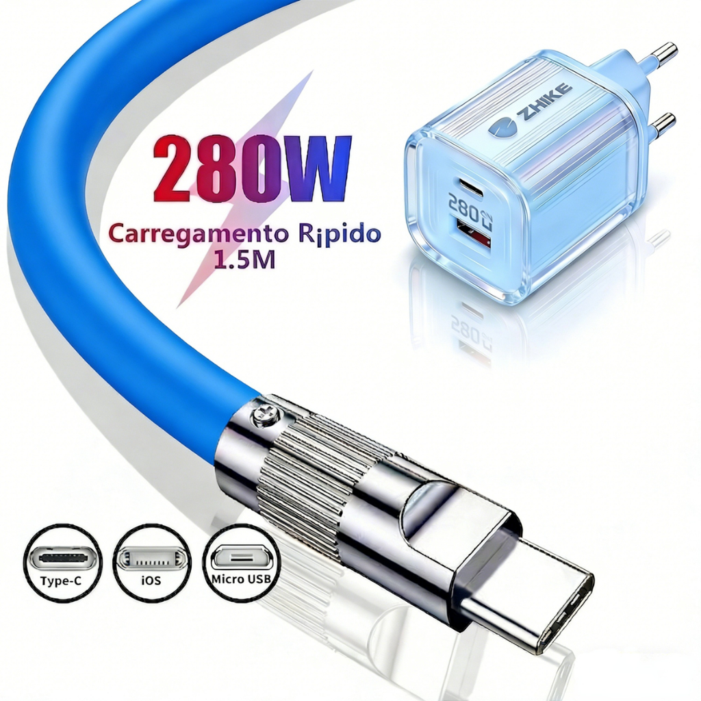 Cabo de dados de carregamento rápido tipo C V8 Micro USB iP 280W 6A 1,5M Cabo de dados Silicone líquido