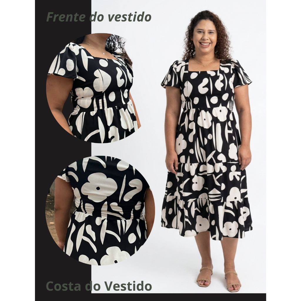 Vestido Midi Estampado Feminino | Tecido Dunas Premium Fresquinho | Modelagem Soltinha Não Marca Na Cintura em Oferta na Shopee