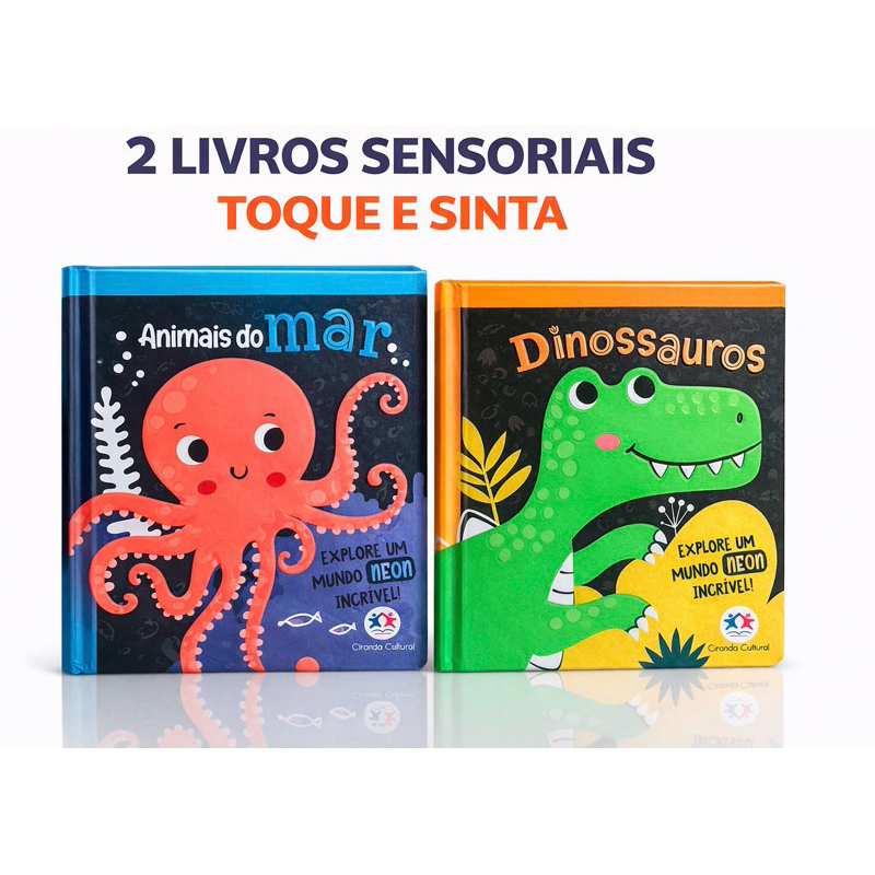 Kit 2 Livros Infantis Dinossauros + Animais do Mar Capa Dura com Textura Educativo