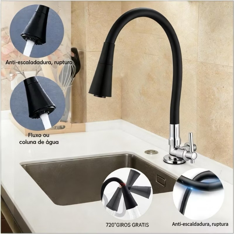 Torneira Cozinha Gourmet Semi Curvada Flexível, Bancada Preta, Pia Vertical Grande, Cone Duplo Do Bocal LT-02 em Oferta na Shopee