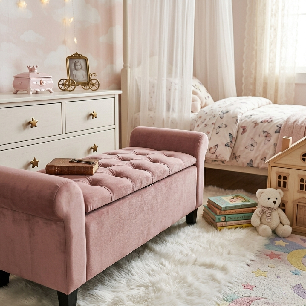 Baú Recamier Divã Organizador Pequeno Compacto Moderno Cor Rosa Quarto Sala Puff