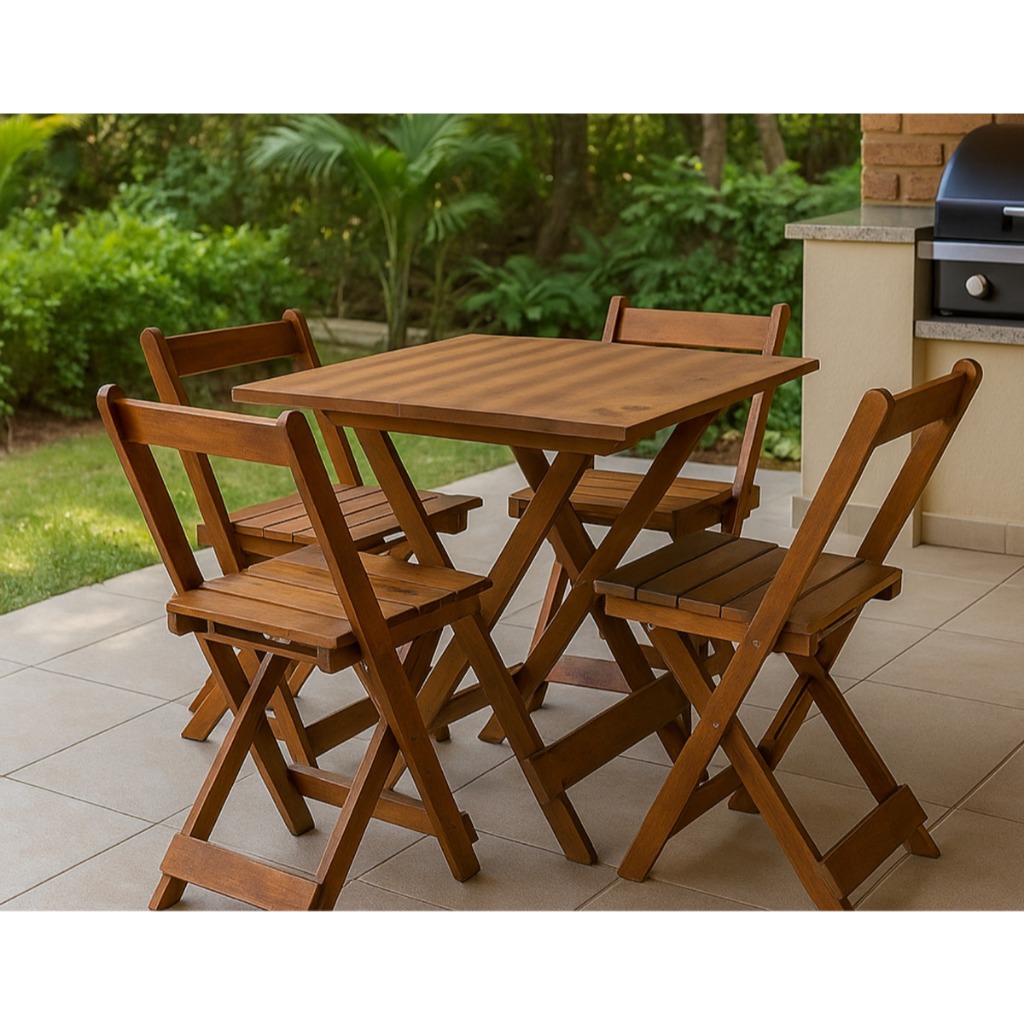 Jogo de Mesa Dobrável Madeira Maciça 70x70 c/ 4 ou 2 Cadeiras Bar Restaurante Área Externa Gourmet