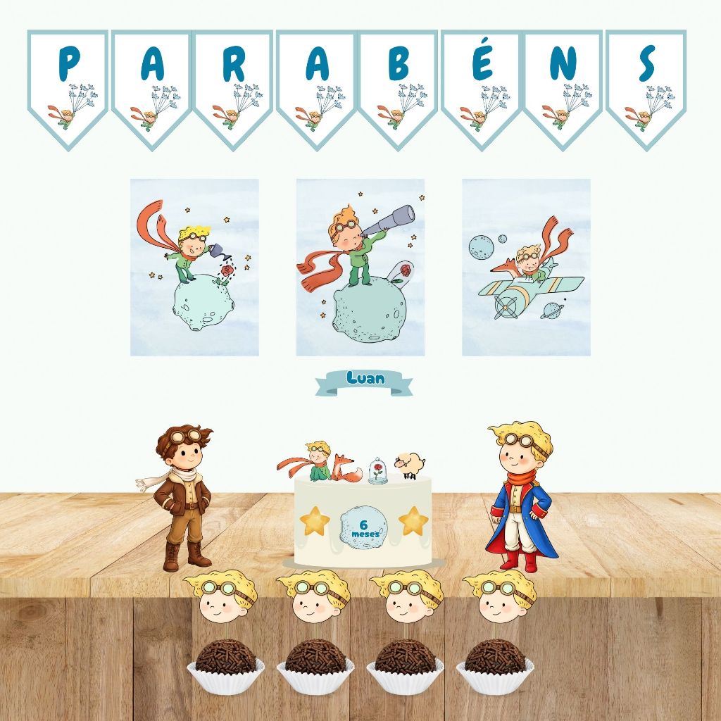 Kit Só Um Bolinho  Pequeno Príncipe raposa| Topo de bolo + Bandeirola+ Poster + Tags de doce+ Display | Decoração Festa
