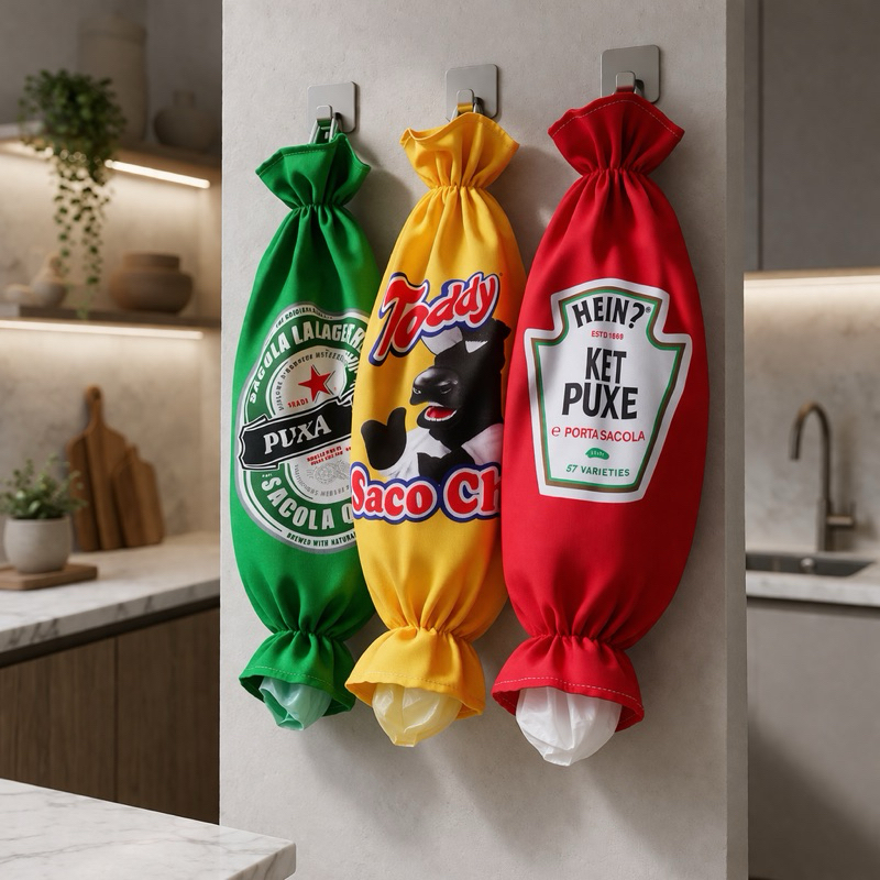 Puxa Saco Divertido | Porta Sacolas Decorativo para Cozinha | Estampas Criativas