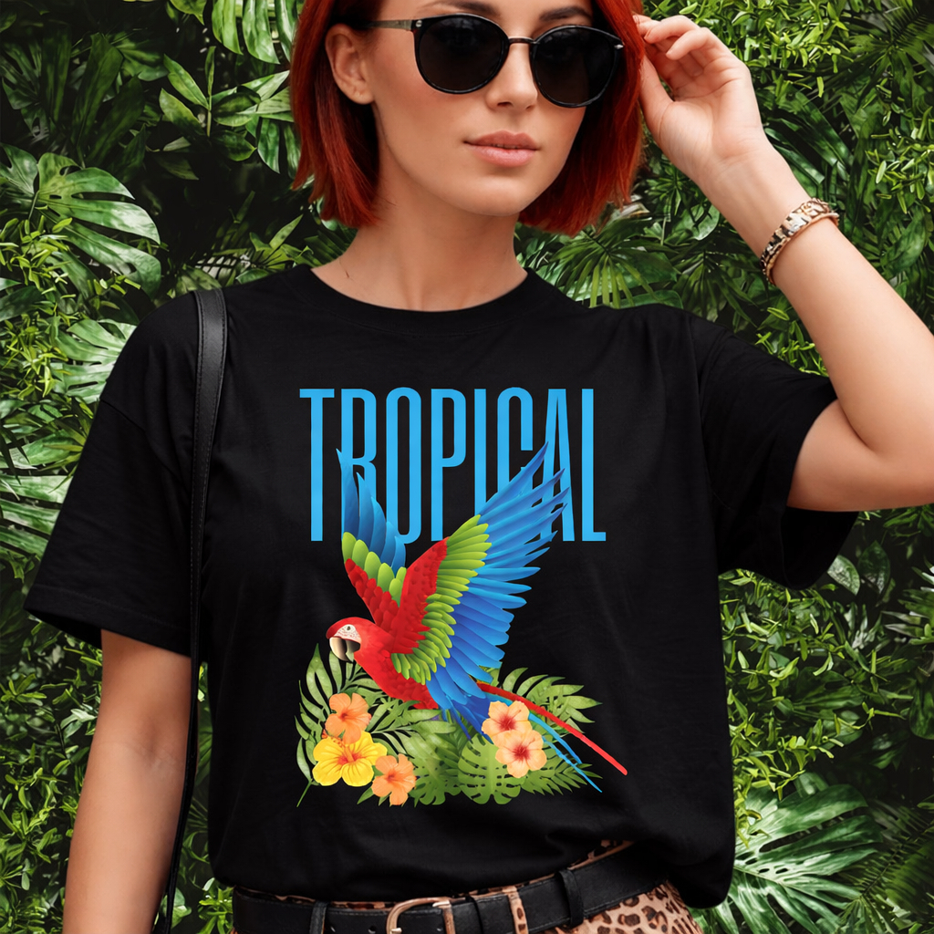 Camiseta T Shirt Feminina Tropical Arara Colorida Estampa Exclusiva Moda Casual Verão Tendência Confortável Look Fashion