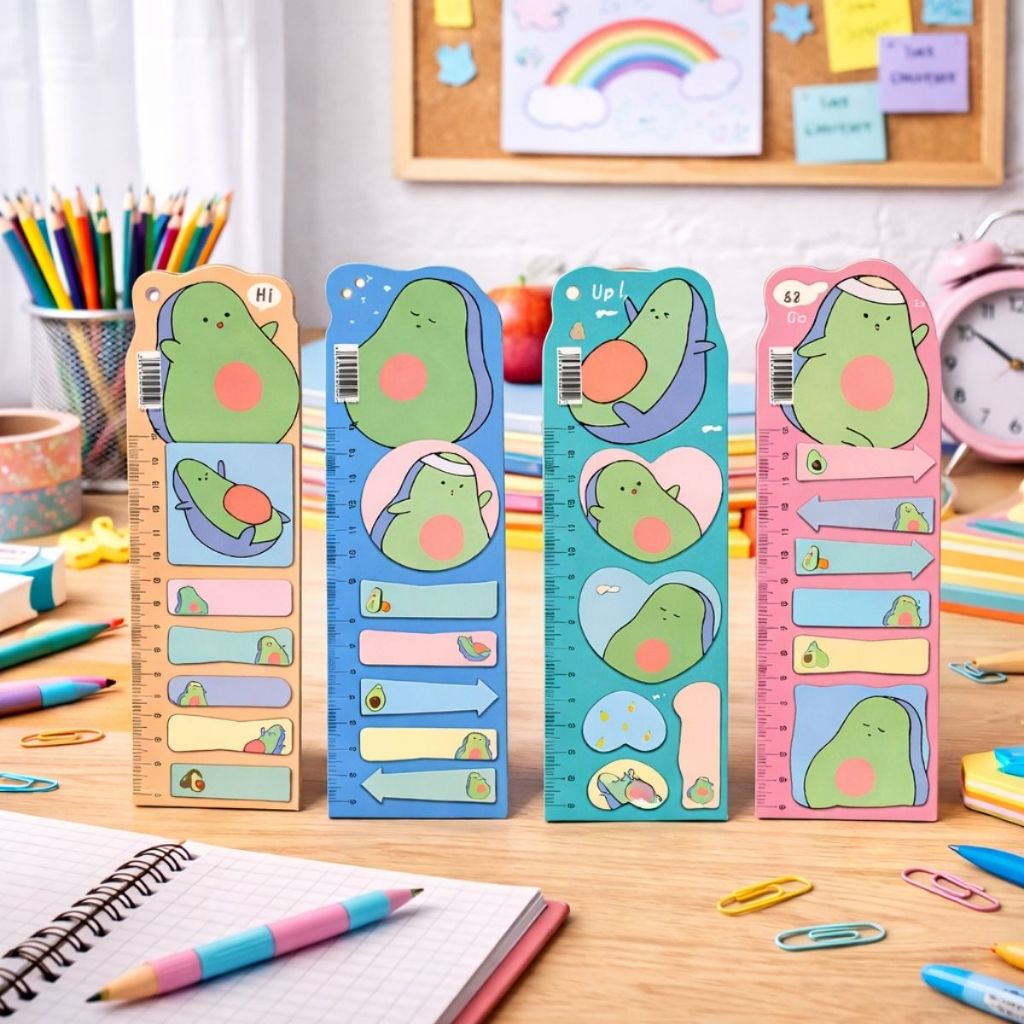 Conjunto Adesivos e Recadinhos 6,7X21,7 15FL Bloco Régua Cute Infantil Escolar Papelaria Fofa