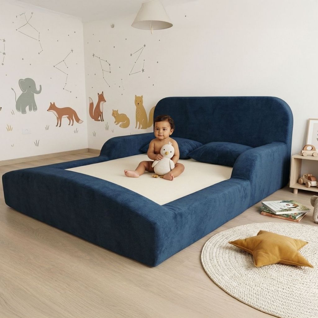 Cama Montessoriana Casal Encanto 100% Espuma Azul Marinho Keiko
