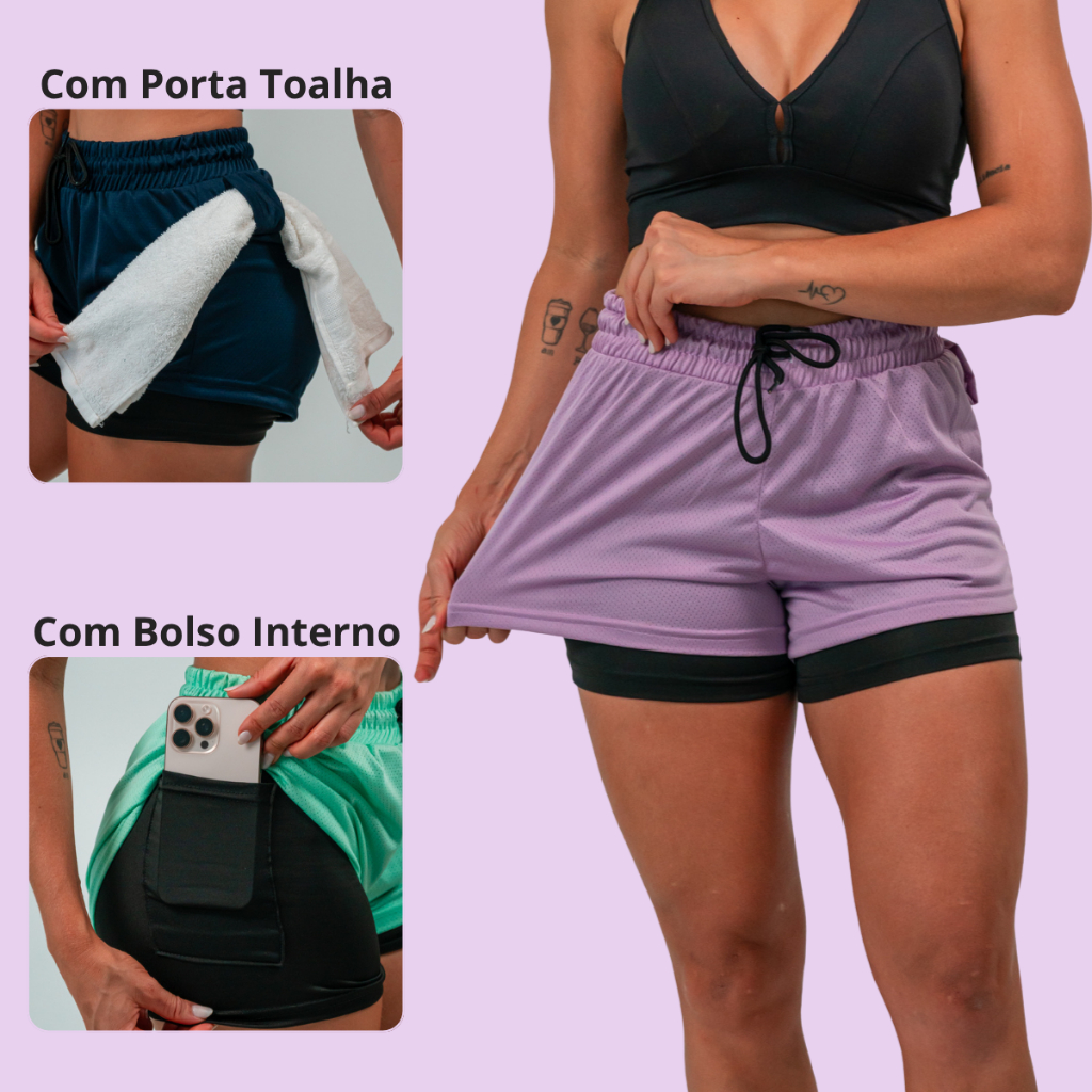Shorts Feminino Academia Bermuda Dupla Corrida Exercícios c/ Bolso Interno Cadarço e Leggin em Oferta na Shopee