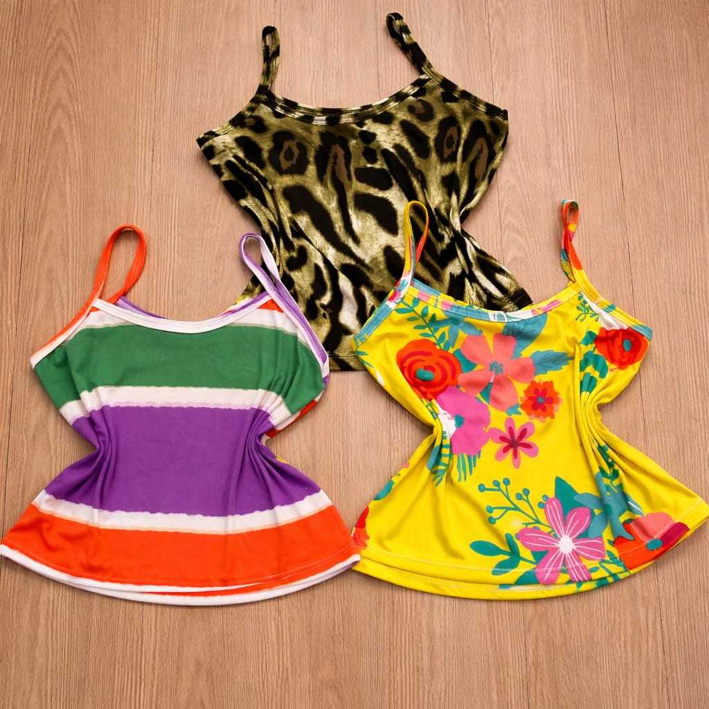 Kit 3 Blusas Regata Feminina Alcinha em Malha Suede Estampada Confortável