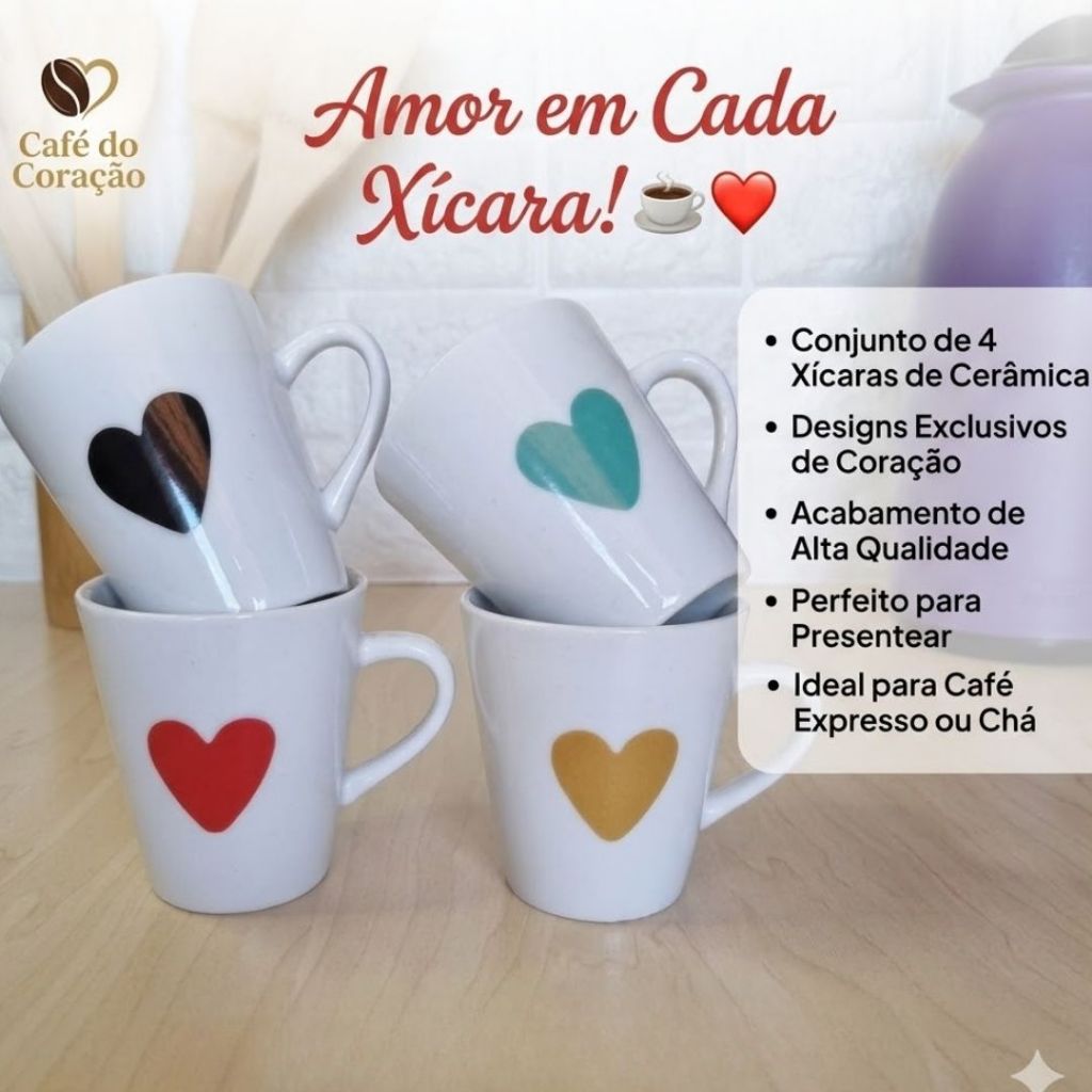 Kit Jogo 4 Xícaras Café Chá Cerâmica Estampa Coração Presente Caneca de Porcelana