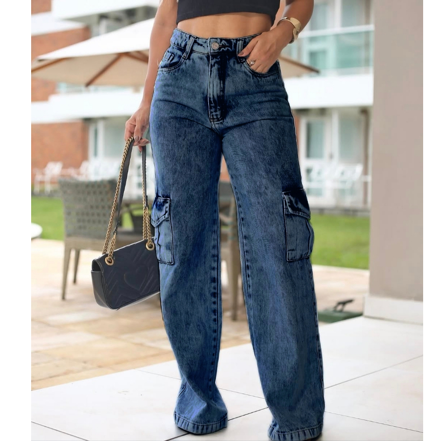 Calça Wide Leg CARGO Jeans Feminina Cintura Alta pantalona
