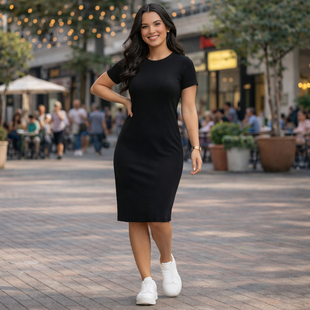 Vestido Canelado Feminino Midi Premium Com Manga Curta Gola Redonda Básico Evangélica