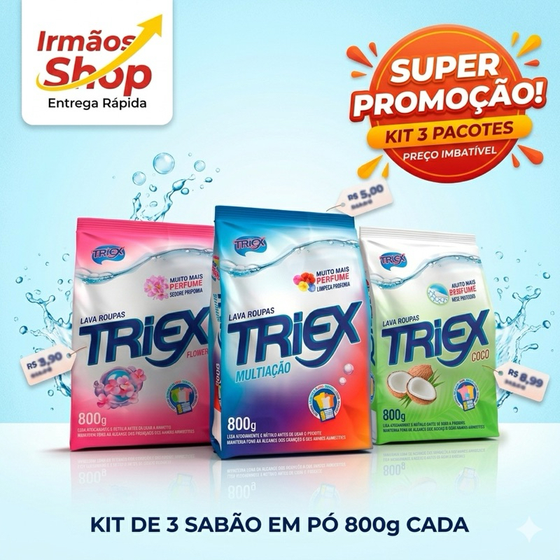 Kit 3 Unidades de Sabão em Pó Triex 800g – MultiAção Coco Flowers 2.4KG