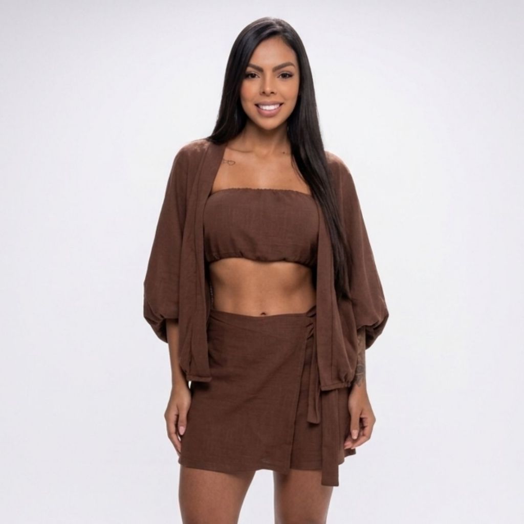 Conjunto Feminino 3 Peças Kimono Cropped Short Saia Tecido Duna Casual Elegante Moda Verão