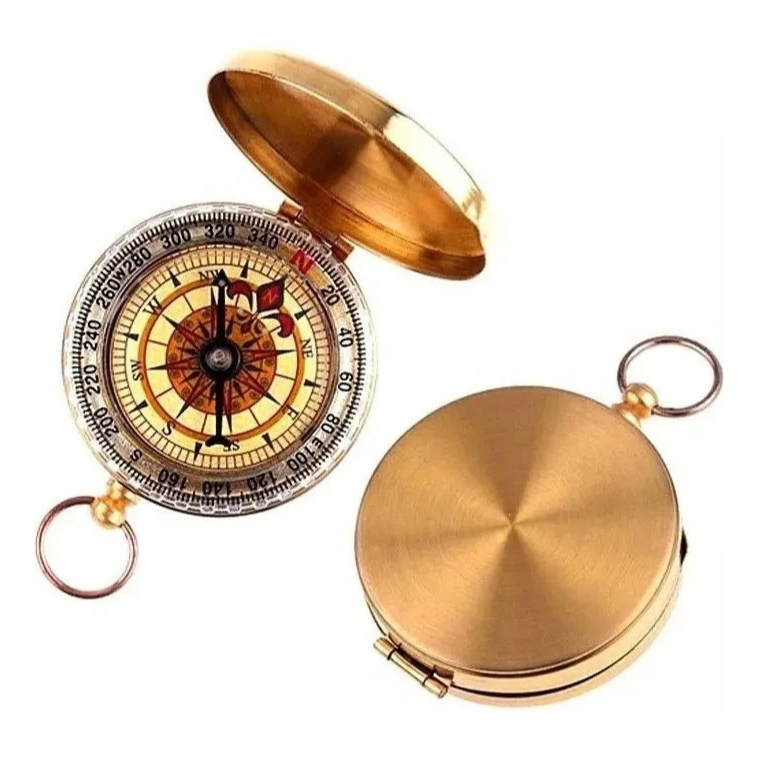 Bússola Tipo Relógio Bolso Bronze Luz Fosforescente Dourado Material Aço Inoxidável Camping Aventura