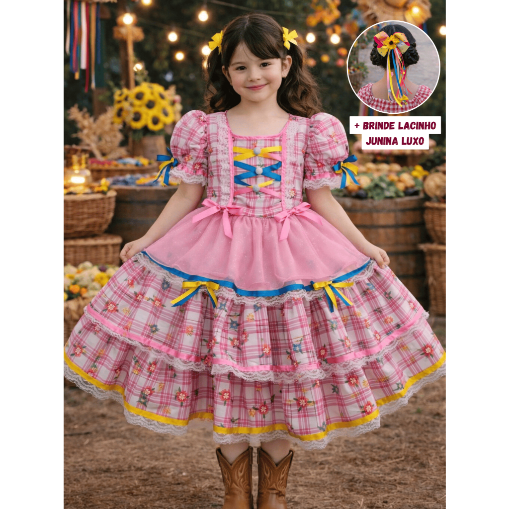 Vestido De Festa Junina Reforçado Super Luxo + Brinde Tiarinha Junina - Edição Especial em Oferta na Shopee