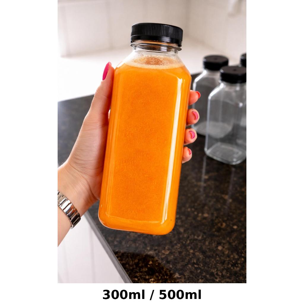 Kit Garrafas PET 300ml e 500ml com Tampa Lacre – Quadrada Lisa para Sucos, Detox e Delivery
