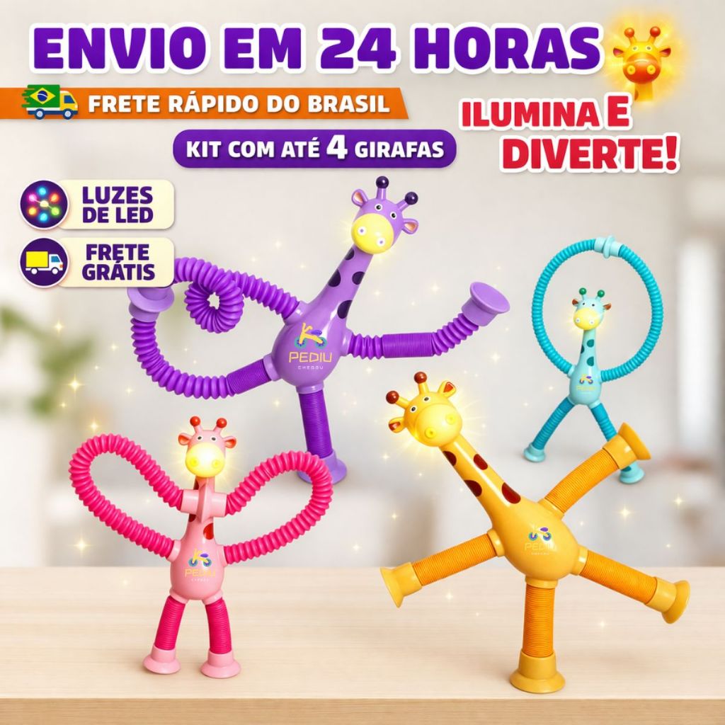 Kits 1/2/4 de Brinquedo Infantil Girafa Pop Tubo Led Com Ventosa