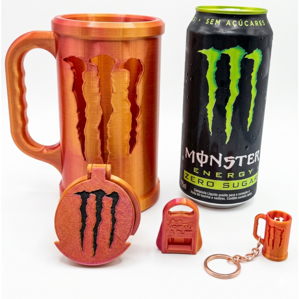 Kit Suporte / Porta Lata / Caneca Energético + Abridor + Tampa + Brinde Exclusivo Chaveiro - Monster