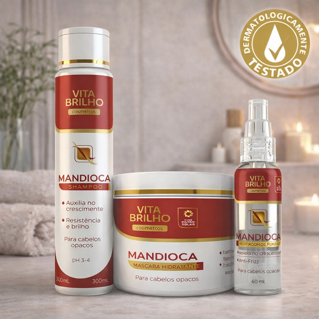 Kit Mandioca Completo Vita Brilho Shampoo + Máscara Hidratante + Reparador de Pontas Crescimento e Brilho