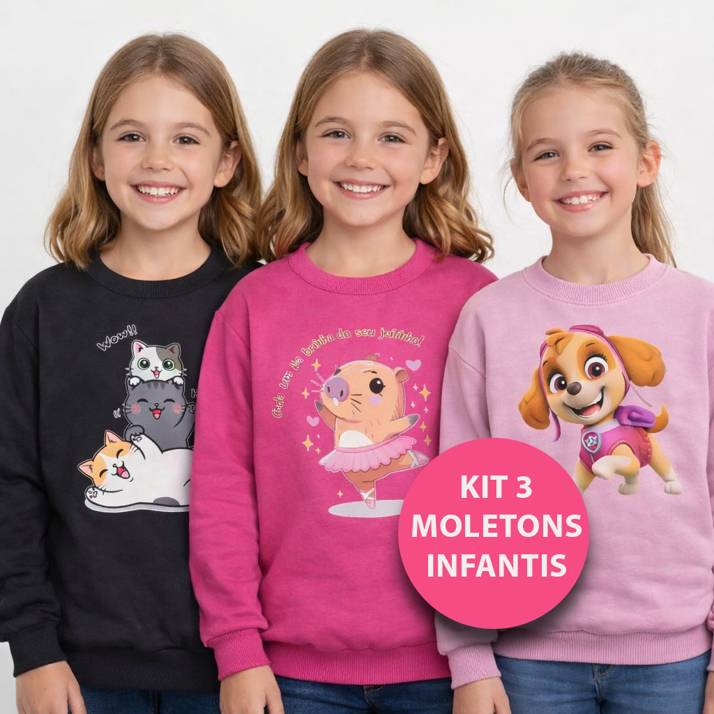 3 Moletom Infantil Estampa Pelúcia Meia Estação Cores e Estampas Variadas 2 a 12 Inverno