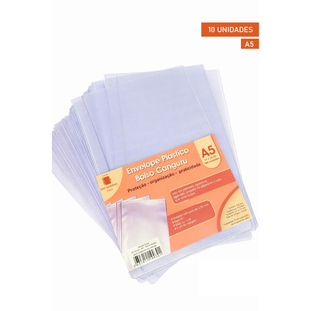 Envelope Saco Canguru Semitransparente A5 21x15 p/ Agendas Cadernos 10 unidades