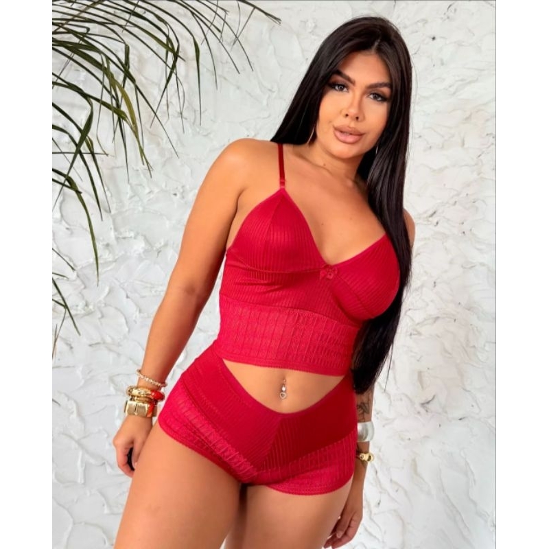 Lingerie BabyDoll Canelado Com Renda Confortável Sensual Feminino