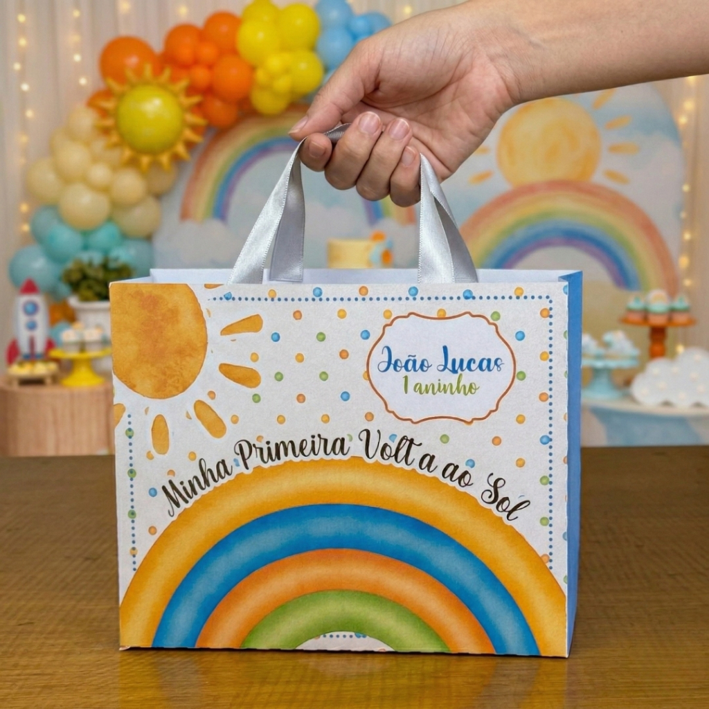 MINHA PRIMEIRA VOLTA AO SOL Kit Sacolinhas G + Adesivos Personalizada Lembrancinhas Infantil Aniversário PEGUE E MONTE