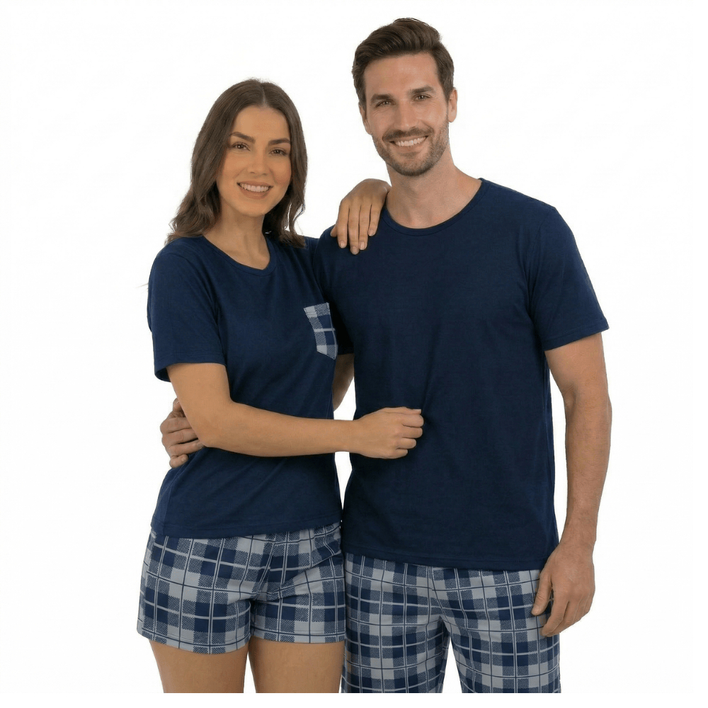 2 Pijamas Adultos Curtos Casal Luxo Xadrez Super Herói