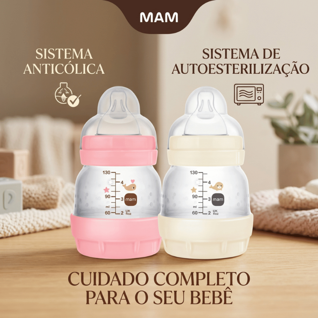 Mamadeira MAM Easy Start 130ml Original Anticólica Bico Silicone Macio Recém-Nascido 0 a 36 Meses