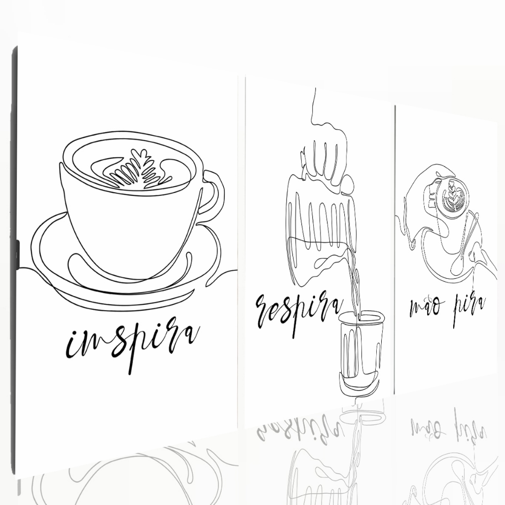 Quadro Decorativo 3 Peças Café Minimalista Inspira Respira Não Pira Cozinha Moderna MDF