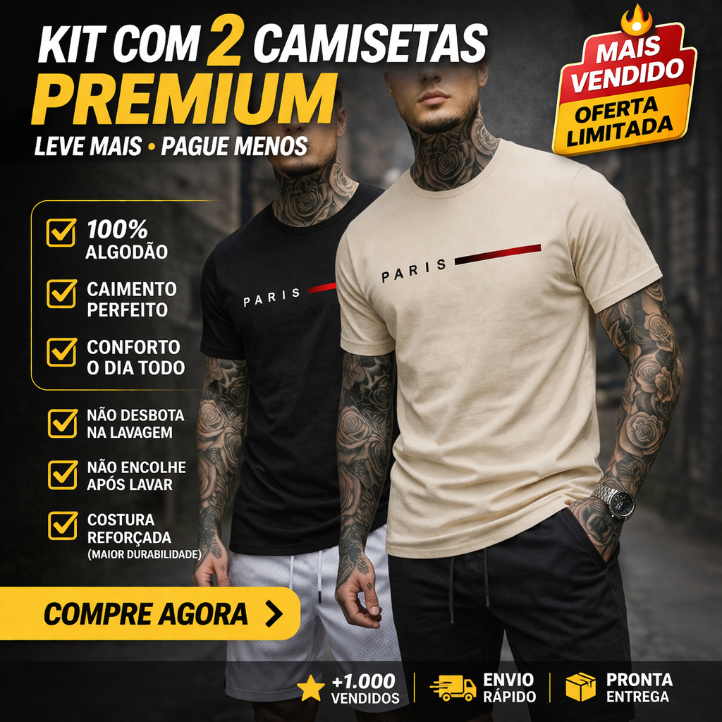 KIT 2 Camisa Masculina Algodao PARIS Básica Camiseta blusa Gola Redonda Malha Premium presente