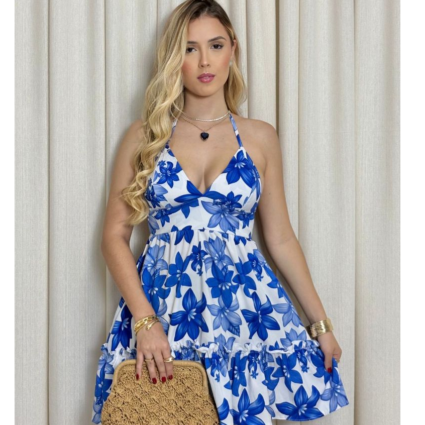 Vestido Boneca Feminino Floral Estilo Tropical alça Curto Verão