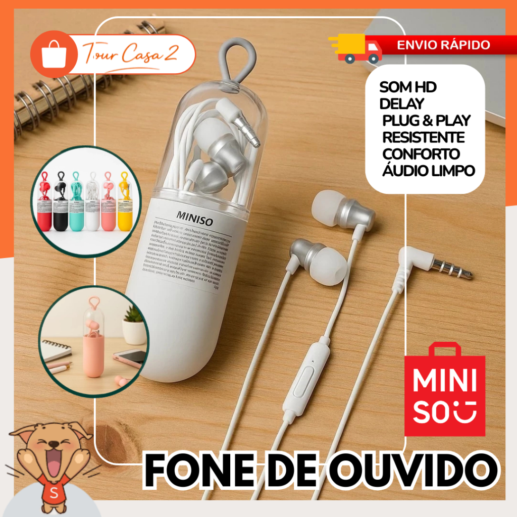 Fone de Ouvido Fio P2 Miniso Estojo Som HD Estéreo Microfone Conforto Celular Música Viagem Estudar