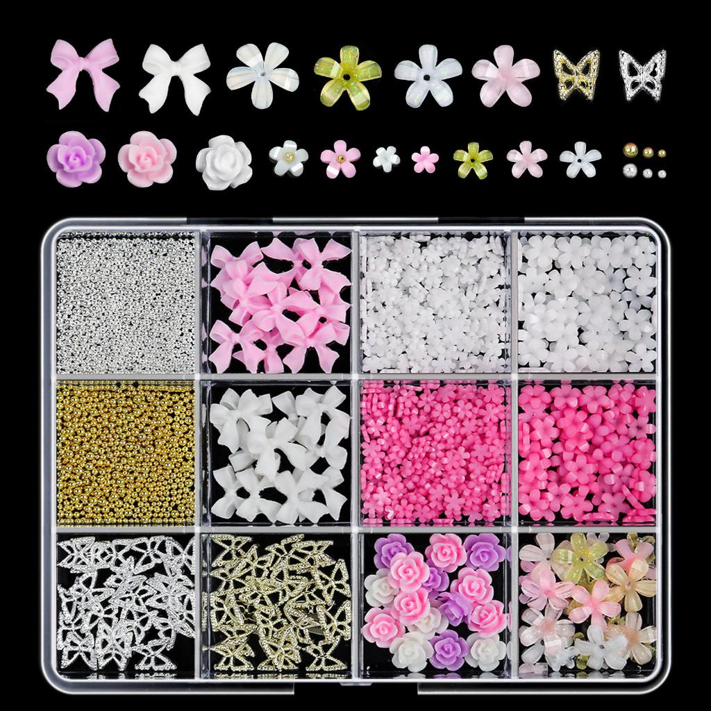Decoração de unhas em 3D com laços,flores,pérolas,borboletas douradas e prateadas,Arte de unhas personalizada