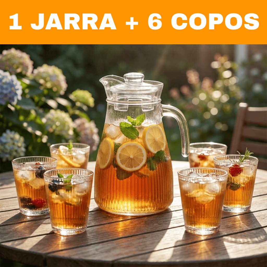 Kit Conjunto Jarra Com Tampa + 6 Copos De Vidro Canelado Listrado Suco Água Jogo Bar Buffet