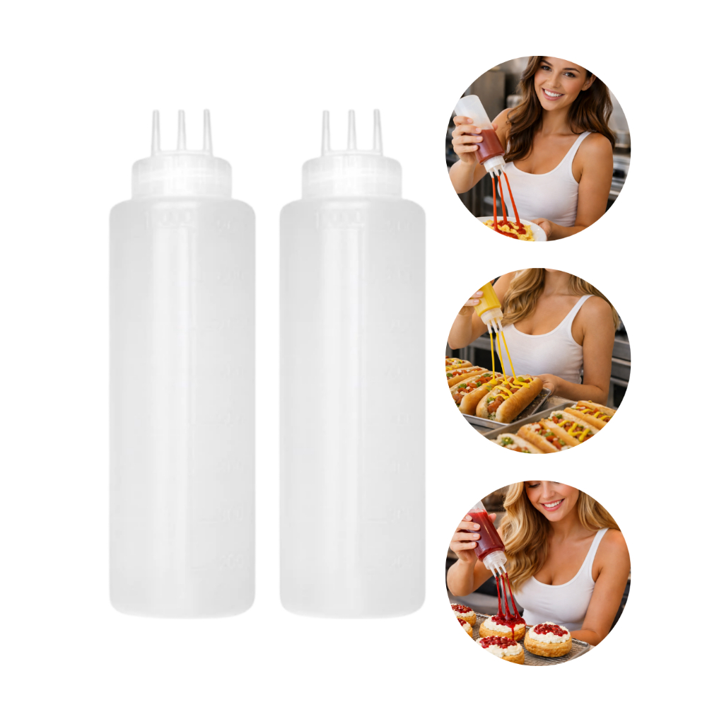 Kit 2 Bisnagas Flexíveis Com 3 Bicos 1 Litro P/ Molhos Ketchup Mostarda Maionese