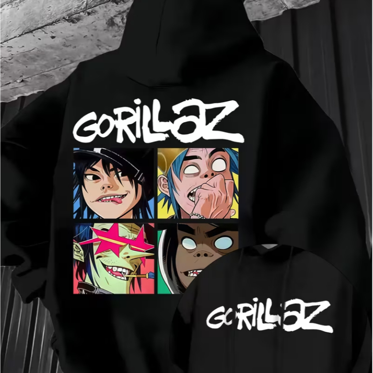 Moletom Canguru Bolso e Capuz Banda Gorillaz Rock Hip hop Música eletrônica Pop Cartoon Animação