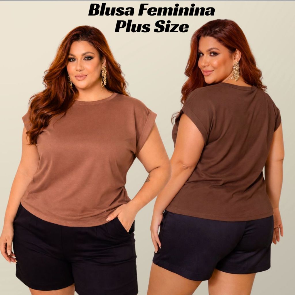 Blusa Feminina Plus Size Manga Japonesa Básica Lisa Tecido 100% Algodão Moderna Confortável