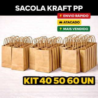 Sacola Kraft PP 18x12x7 Kit 40 50 60un | Atacado Econômico Papel Natural Para Lojas