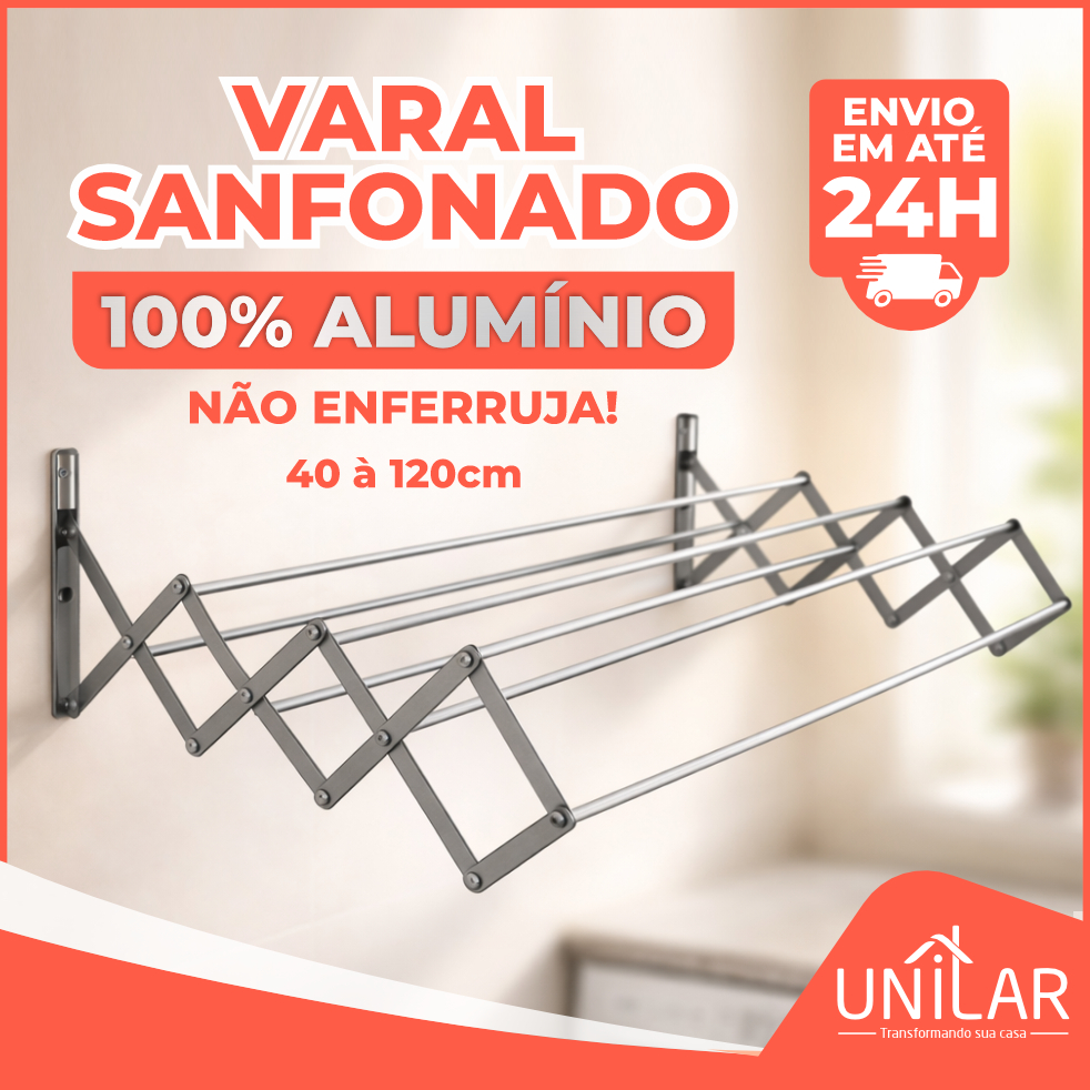Varal de Roupa Retrátil Parede Sanfonado 100% Alumínio Vários Tamanhos de 40 a 120cm