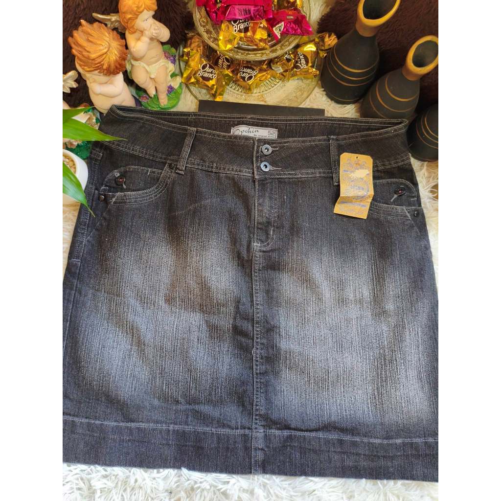 Saia Adulto Feminina, Modelo Longuete, Jeans Lycra, Opchin, Tam: 52, Marca: Dmbauer