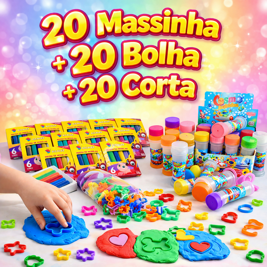 Kit 20 Cx Massinha de Modelar + 20 Bolha de Sabão + 20 Cortador Molde Festa Lembrancinha Infantil