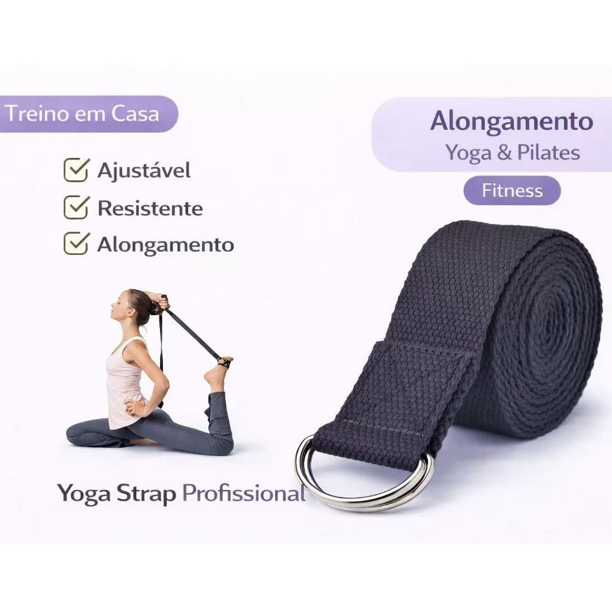 Fita de Yoga Ajustável 183cm Alongamento Pilates Academia Fitness com Argola Metal
