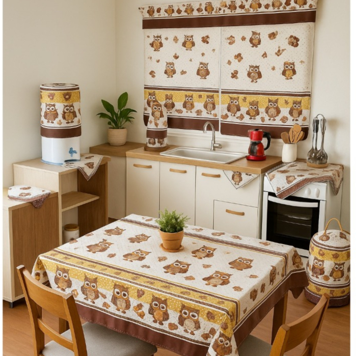Jogo Cozinha 10 Peças Tecido Oxford Estampado Com Cortina De Janela Toalha De Mesa e Capa De Água