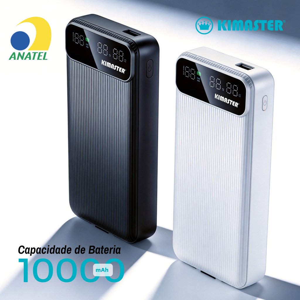 Carregador Portátil Power Bank Kimaster 20000mAh Com Visor Digital Universal Com Cabo UBC-C/Type C