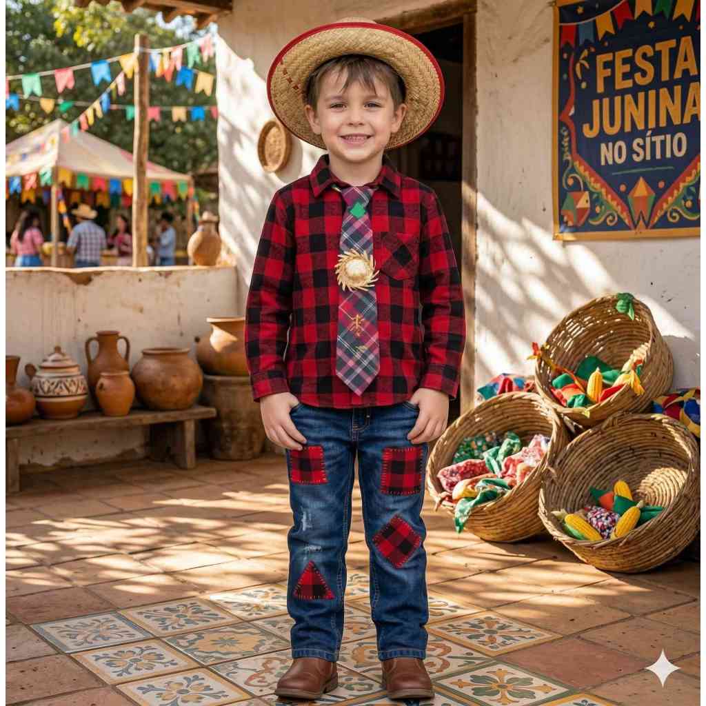 Camisa Menino Festa Junina Xadrez com Gravata, Chapéu e Retalho ENVIO JÁ