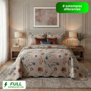 Kit Cobre Leito Colcha King Casal Dupla Face 3 Peças Estampada Floral Matelado Microfibra Boutis Box em Oferta na Shopee