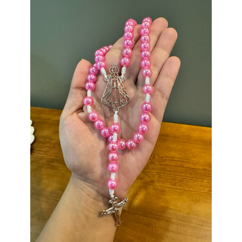 Terço Católico Nossa Senhora Aparecida Prata Com Pérolas Rosa Rosario Católico Cristão Feito a Mão